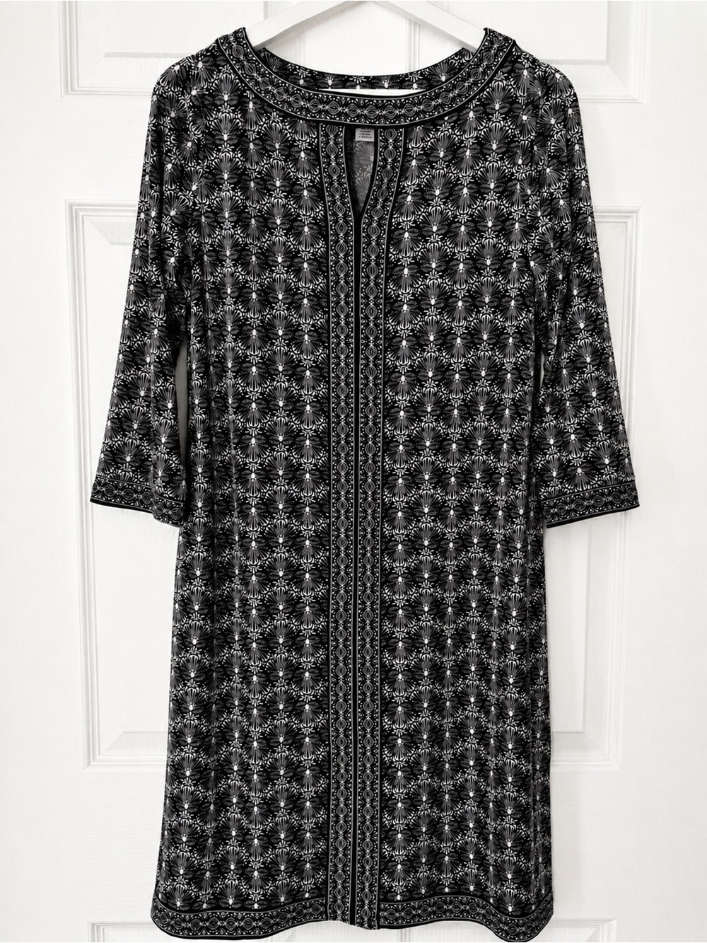 WISP Black White Printed Shift Dress Boho Tunic 3/4 Sleeve Travel Resort-wear